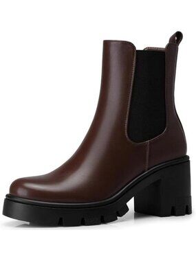 Women's Chelsea Ankle Boots 2.91 Inches Chunky Heels Platform Short Boot Brown